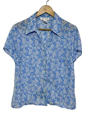 Rena Rowan Womens Size 14 Button Front Blouse Blue Parsley Sheer Casual